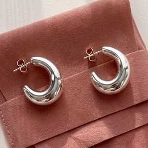 Platinum Plated Puffy Hoop Earrings Silver Rhodium Waterproof 1"